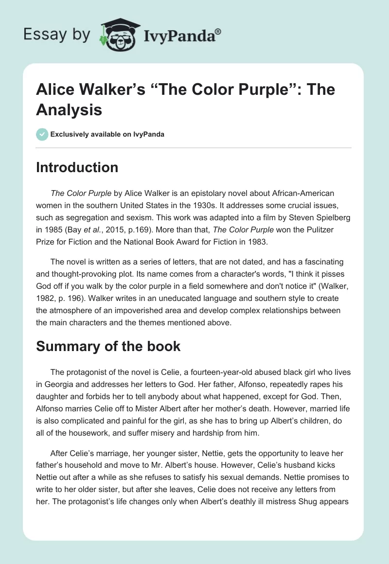 Alice Walker’s “The Color Purple”: The Analysis. Page 1
