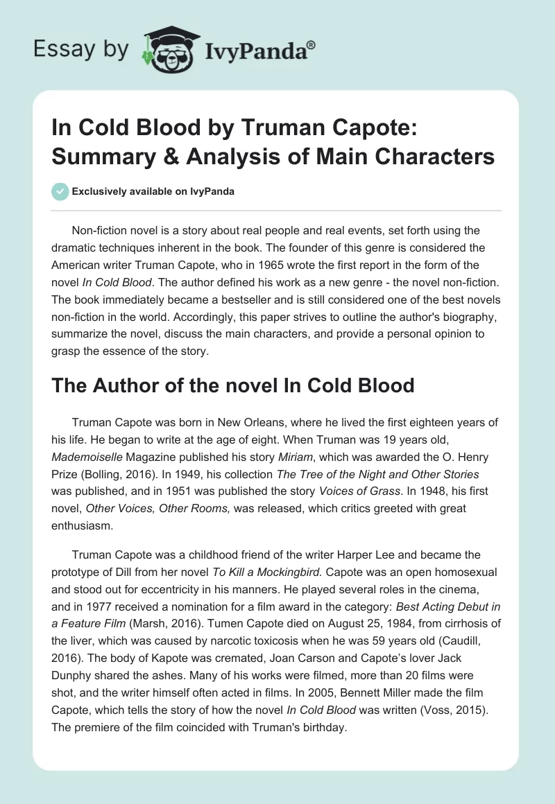 "In Cold Blood" by Truman Capote: Summary & Analysis of Main Characters. Page 1