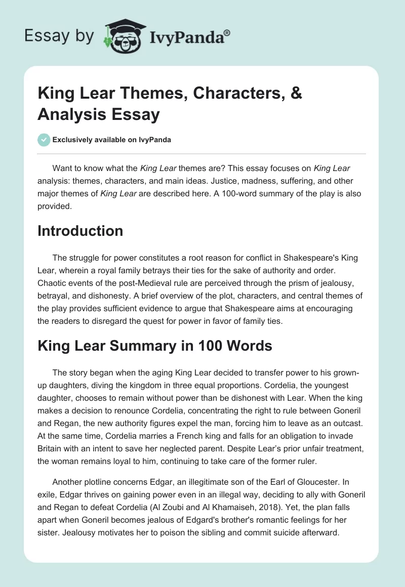 King Lear Themes, Characters, & Analysis Essay. Page 1
