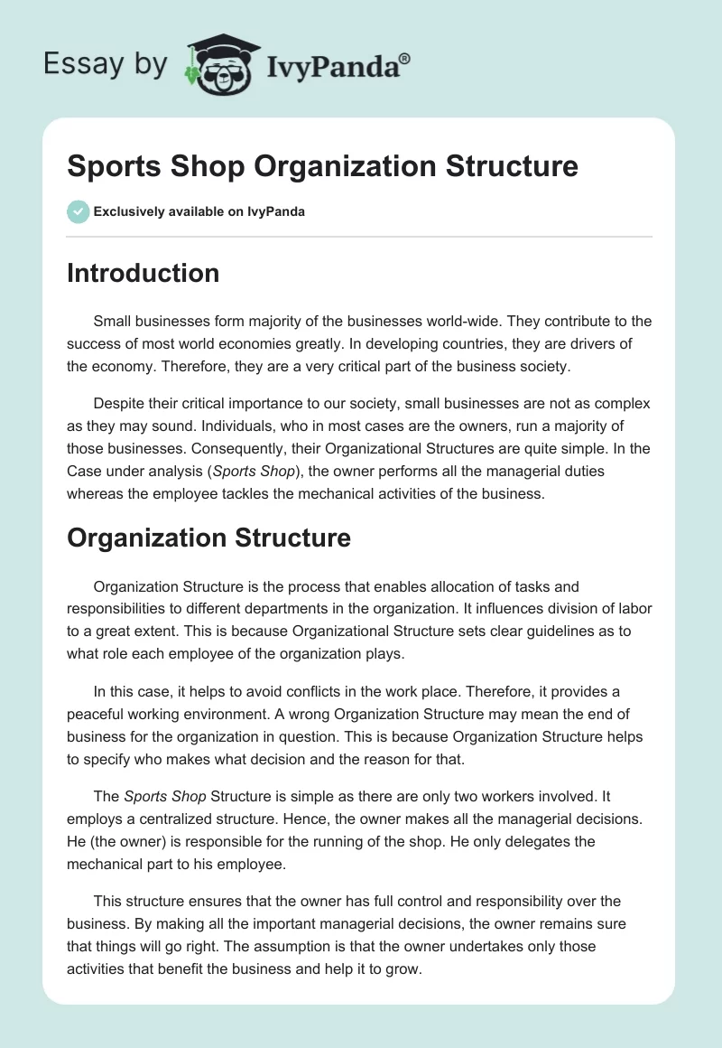 Sports Shop Organization Structure. Page 1