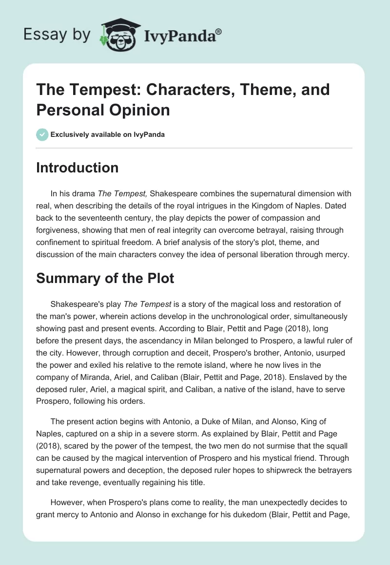The Tempest: Characters, Theme, and Personal Opinion. Page 1