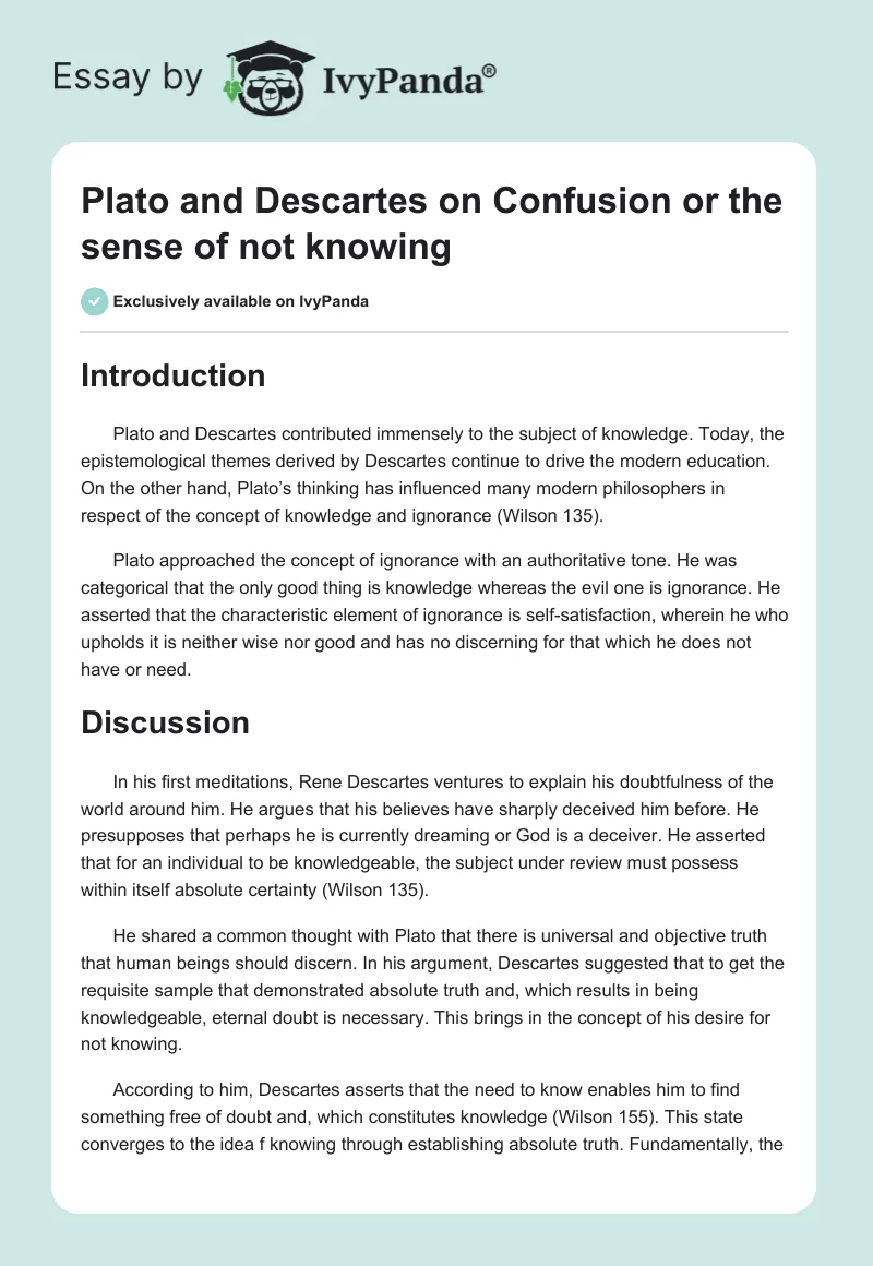 Plato and Descartes on Confusion or the Sense of Not Knowing. Page 1