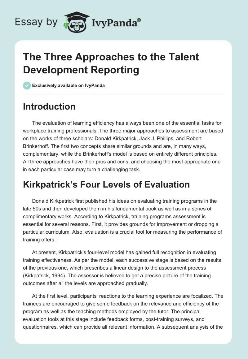 The Three Approaches to the Talent Development Reporting. Page 1