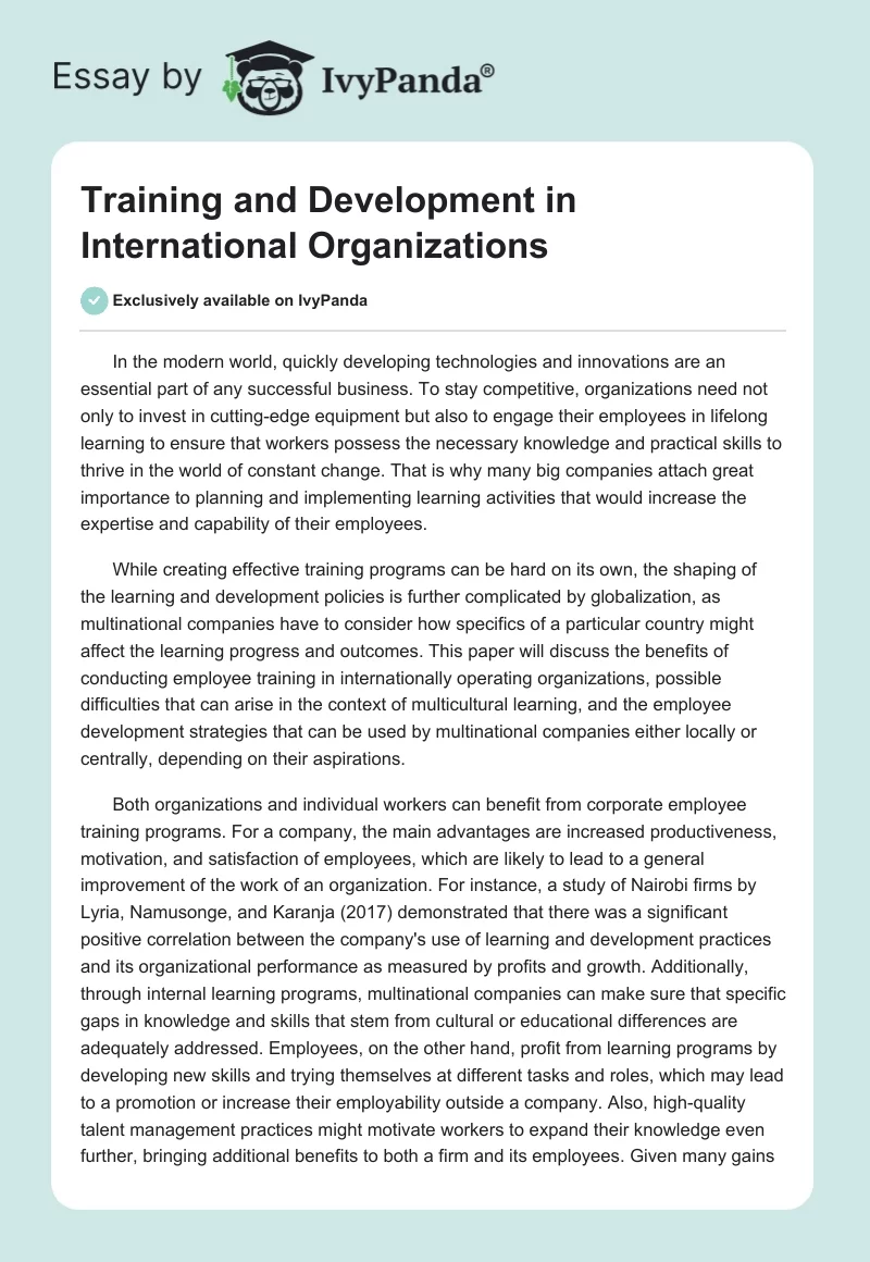 Training and Development in International Organizations. Page 1