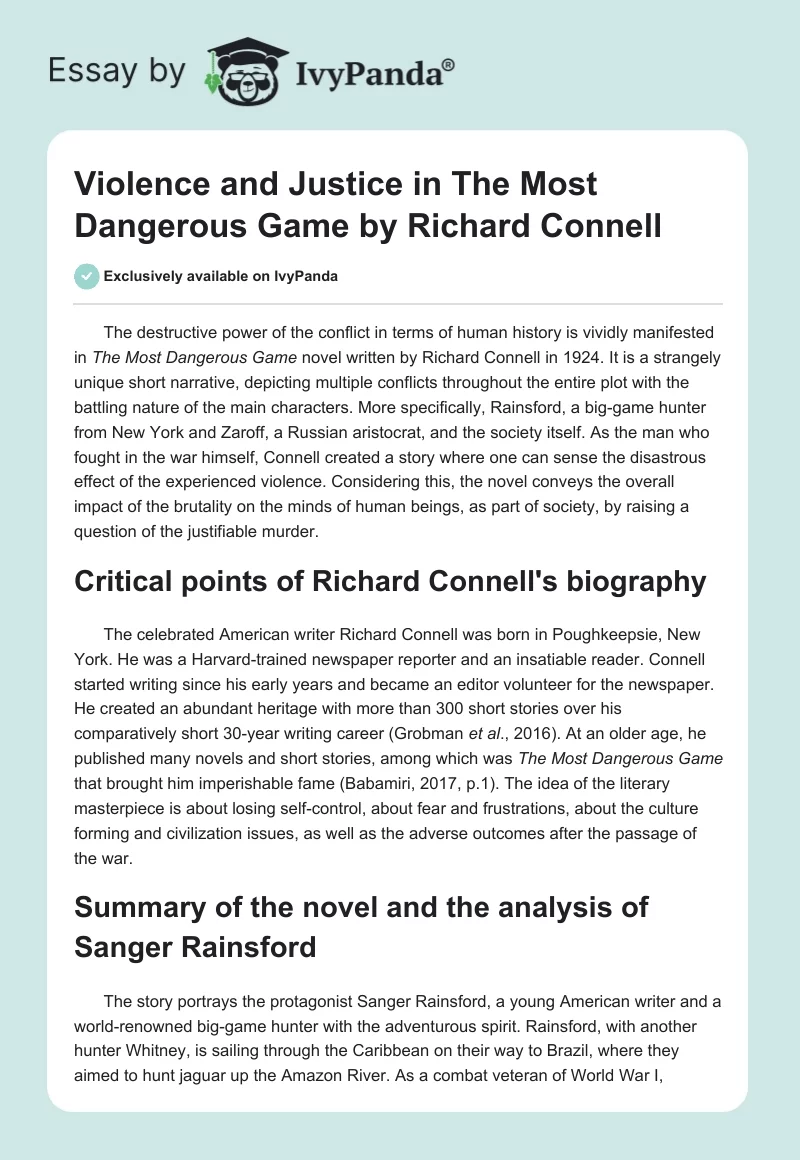 Violence and Justice in The Most Dangerous Game by Richard Connell. Page 1