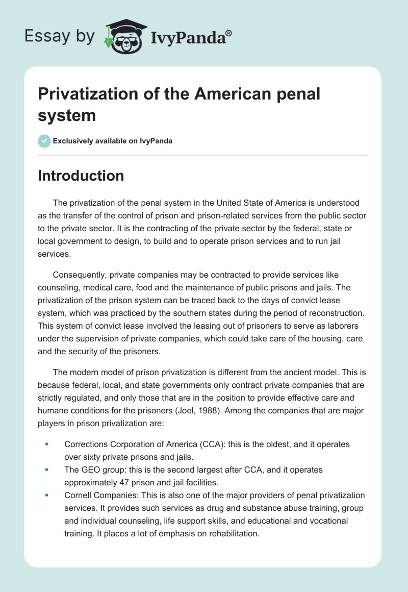 Privatization of the American penal system. Page 1