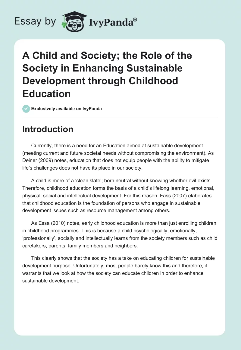 A Child and Society; the Role of the Society in Enhancing Sustainable Development Through Childhood Education. Page 1
