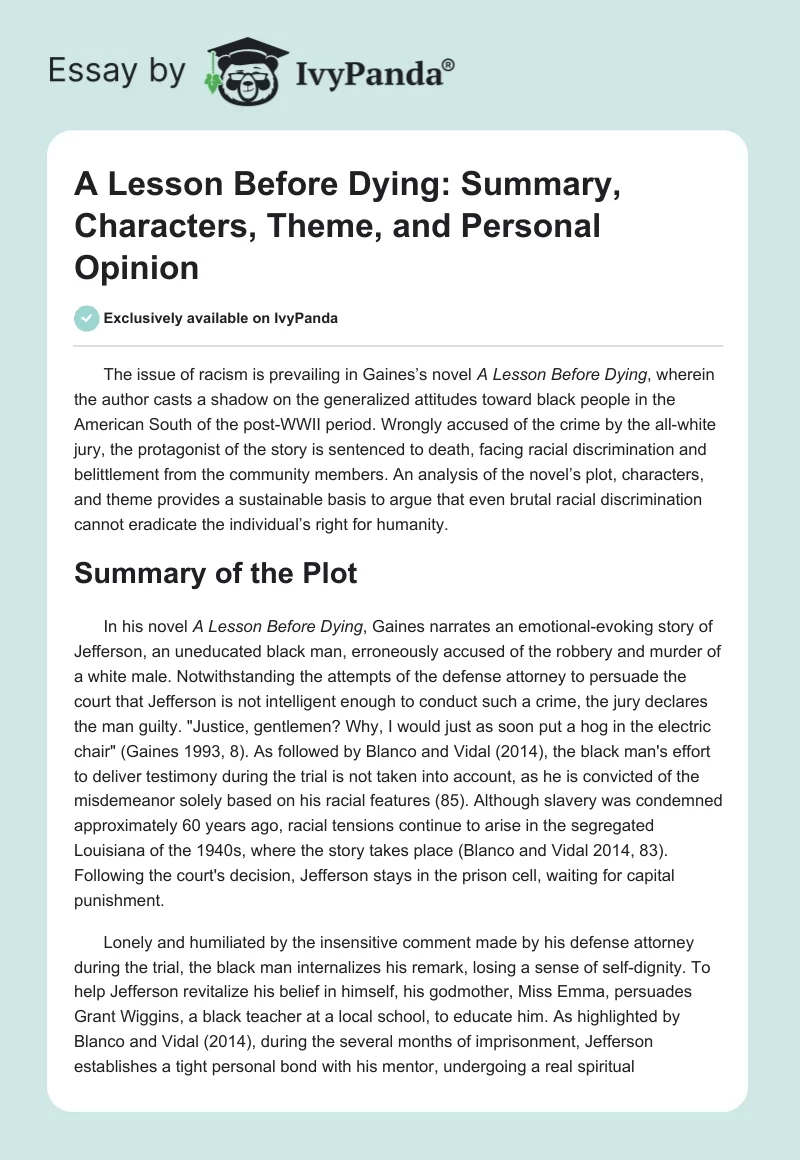 A Lesson Before Dying: Summary, Characters, Theme, and Personal Opinion. Page 1