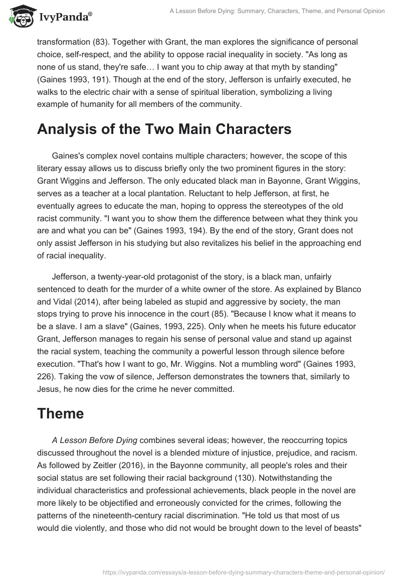 A Lesson Before Dying: Summary, Characters, Theme, and Personal Opinion. Page 2