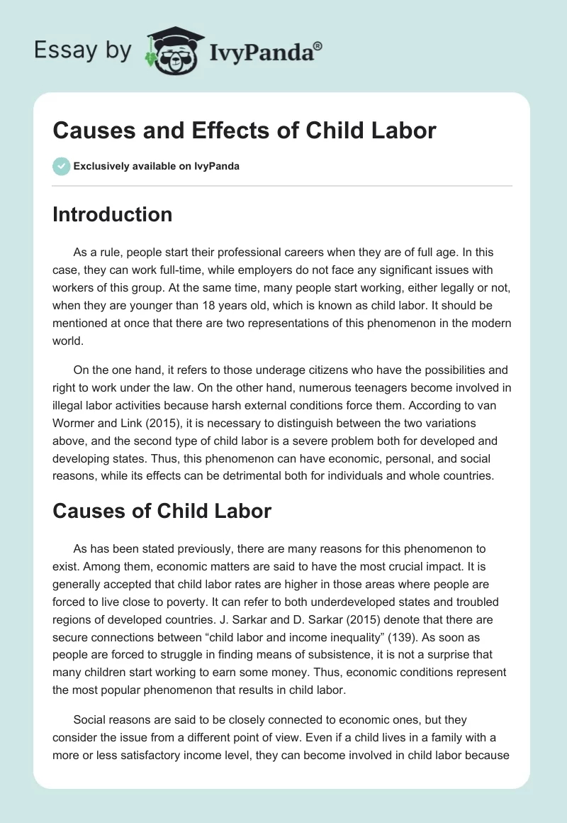 Causes and Effects of Child Labor. Page 1