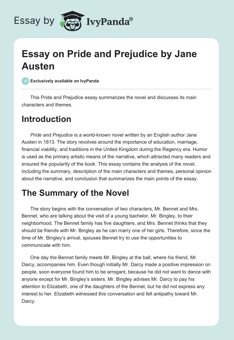 Essay on Pride and Prejudice by Jane Austen. Page 1