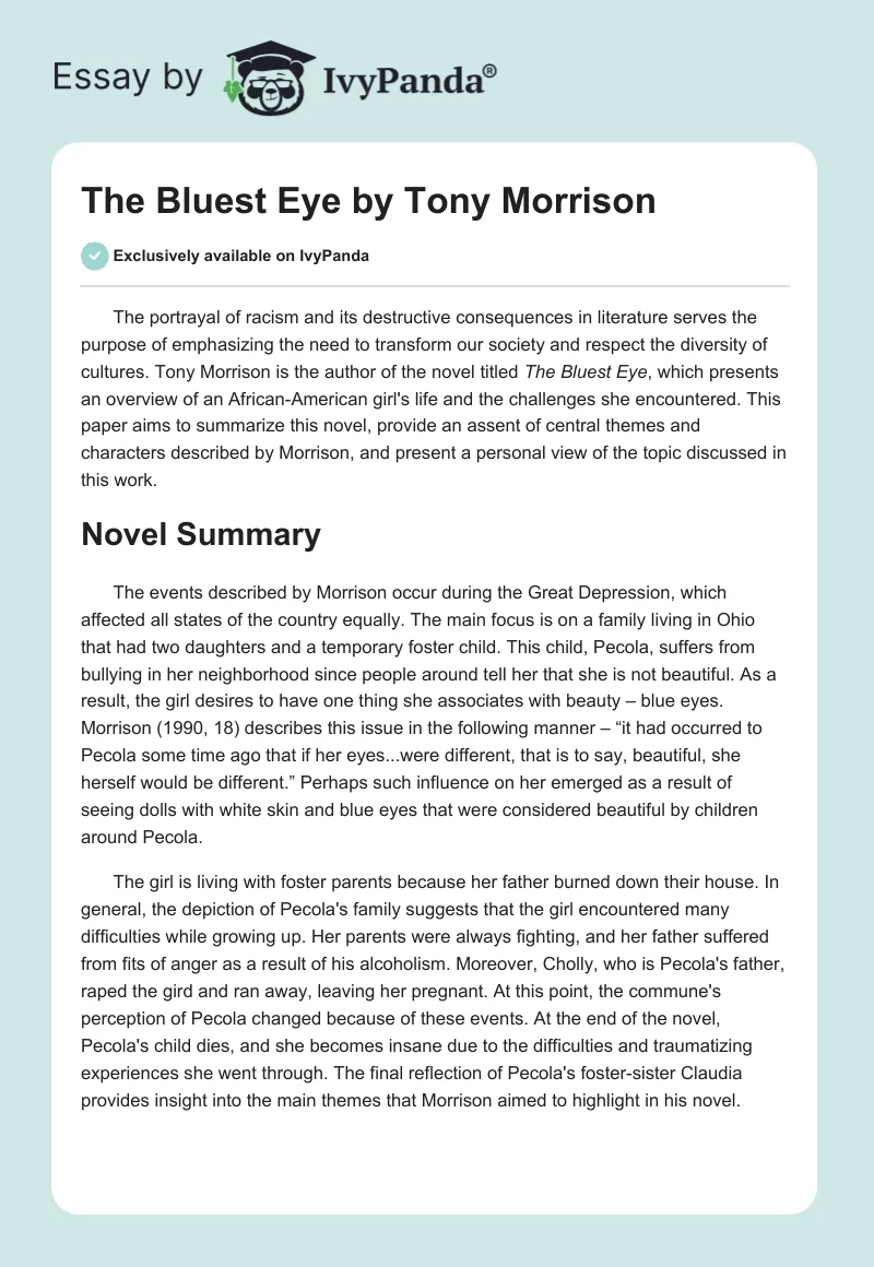 The Bluest Eye by Tony Morrison. Page 1