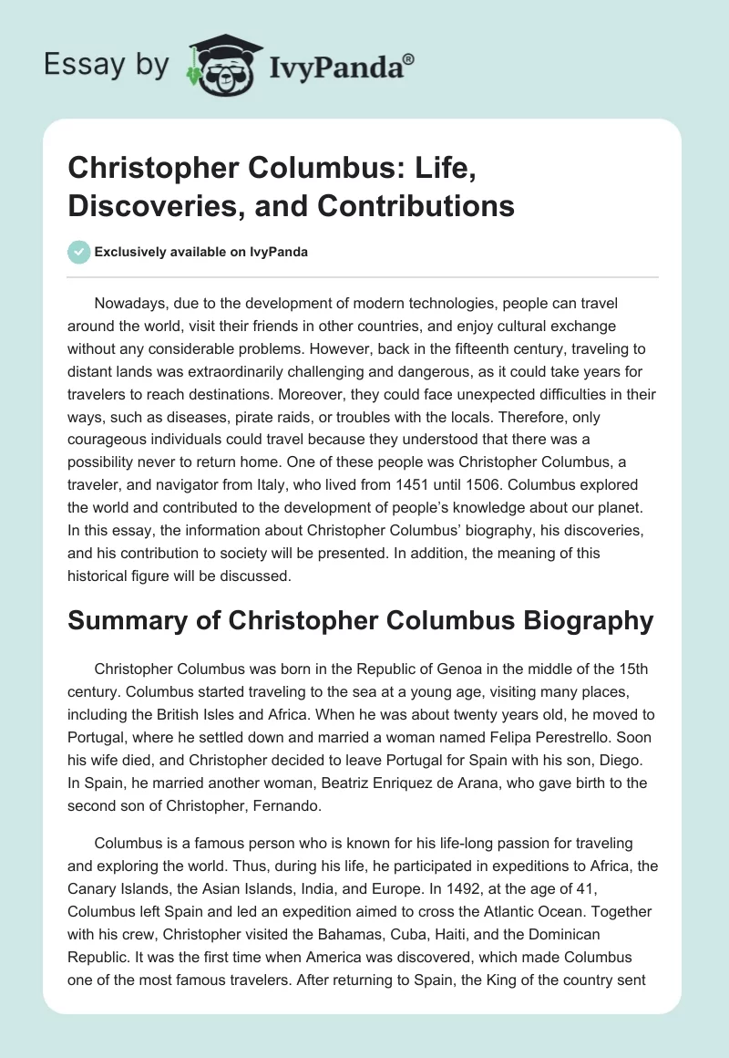 Christopher Columbus: Life, Discoveries, and Contributions. Page 1