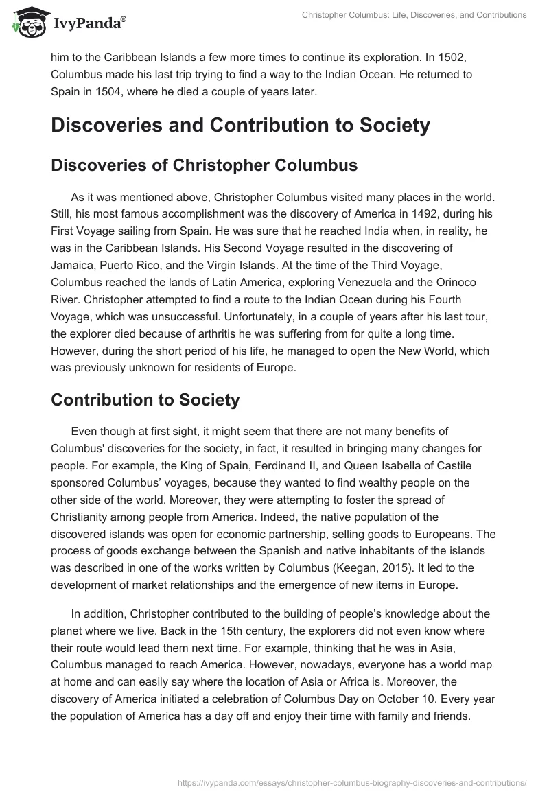 Christopher Columbus: Life, Discoveries, and Contributions. Page 2