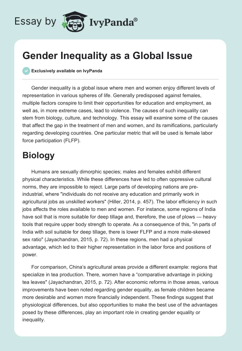 Gender Inequality as a Global Issue. Page 1