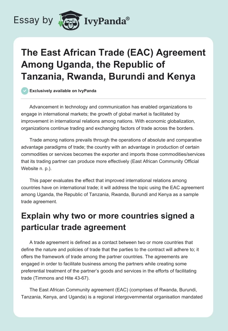 The East African Trade (EAC) Agreement Among Uganda, the Republic of Tanzania, Rwanda, Burundi and Kenya. Page 1