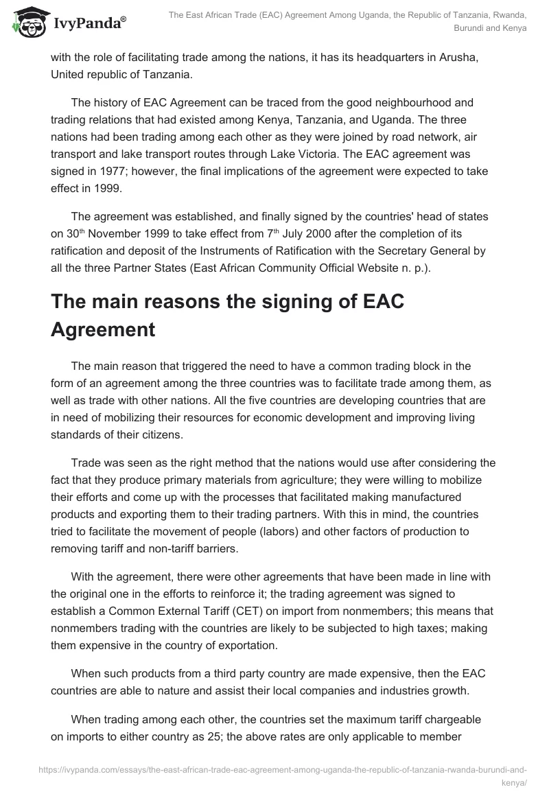 The East African Trade (EAC) Agreement Among Uganda, the Republic of Tanzania, Rwanda, Burundi and Kenya. Page 2