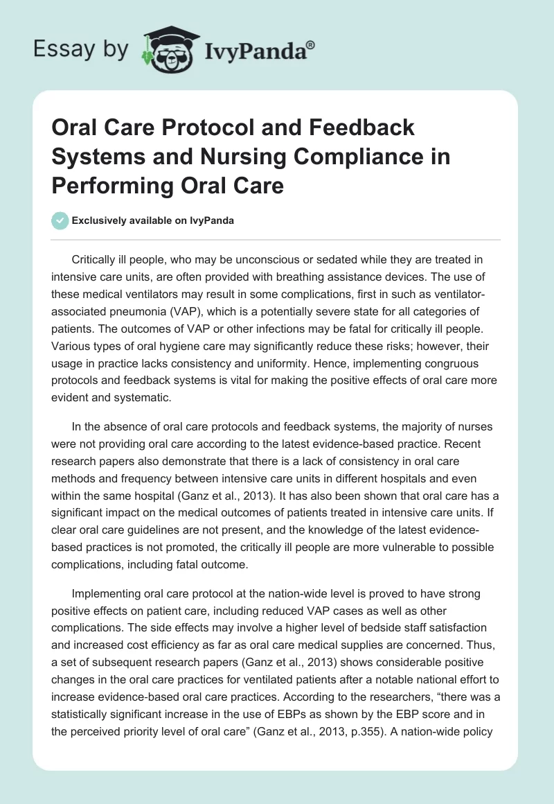 Oral Care Protocol and Feedback Systems and Nursing Compliance in Performing Oral Care. Page 1