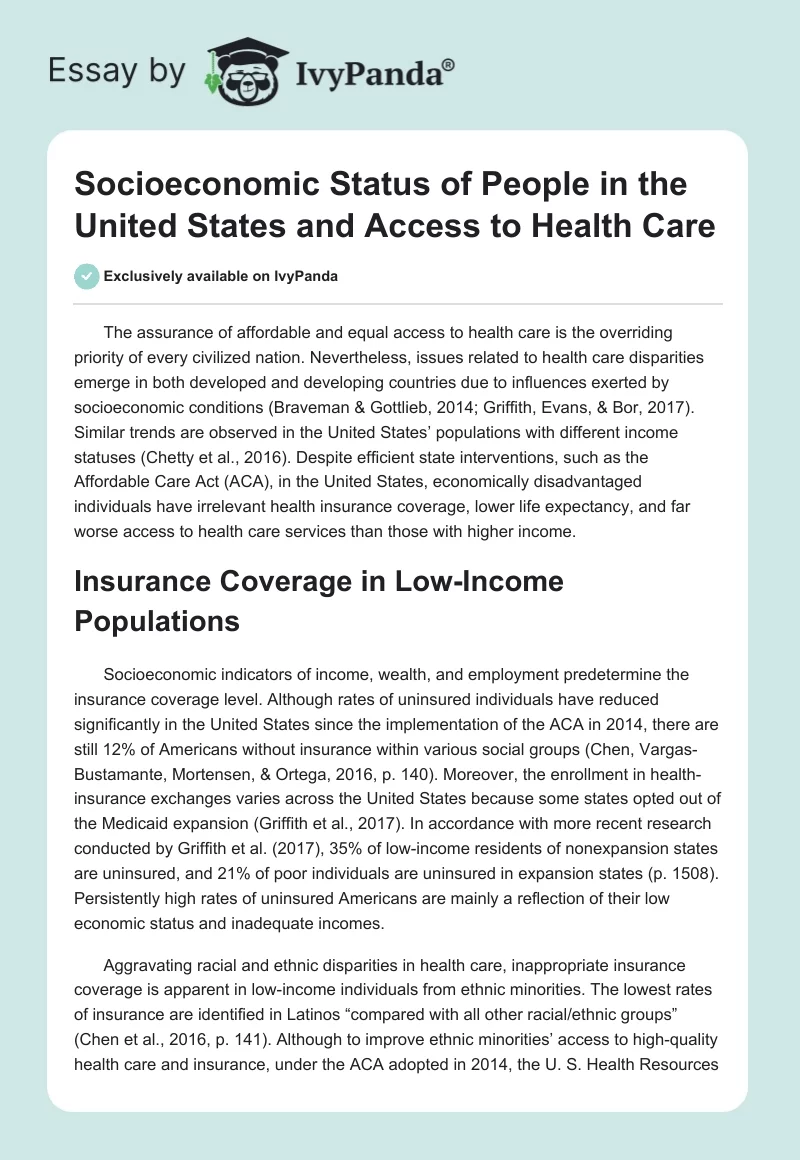 Socioeconomic Status of People in the United States and Access to Health Care. Page 1
