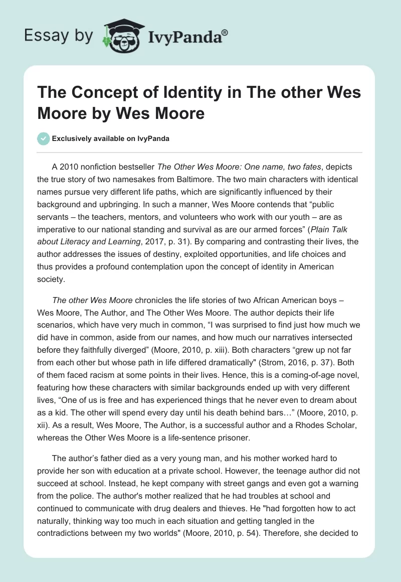 The Concept of Identity in The Other Wes Moore by Wes Moore. Page 1
