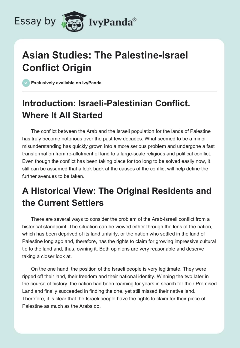 Asian Studies: The Palestine-Israel Conflict Origin. Page 1