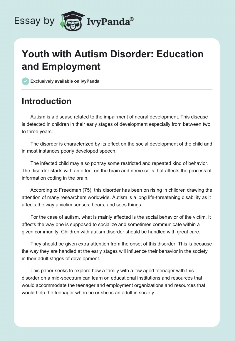 Youth With Autism Disorder: Education and Employment. Page 1