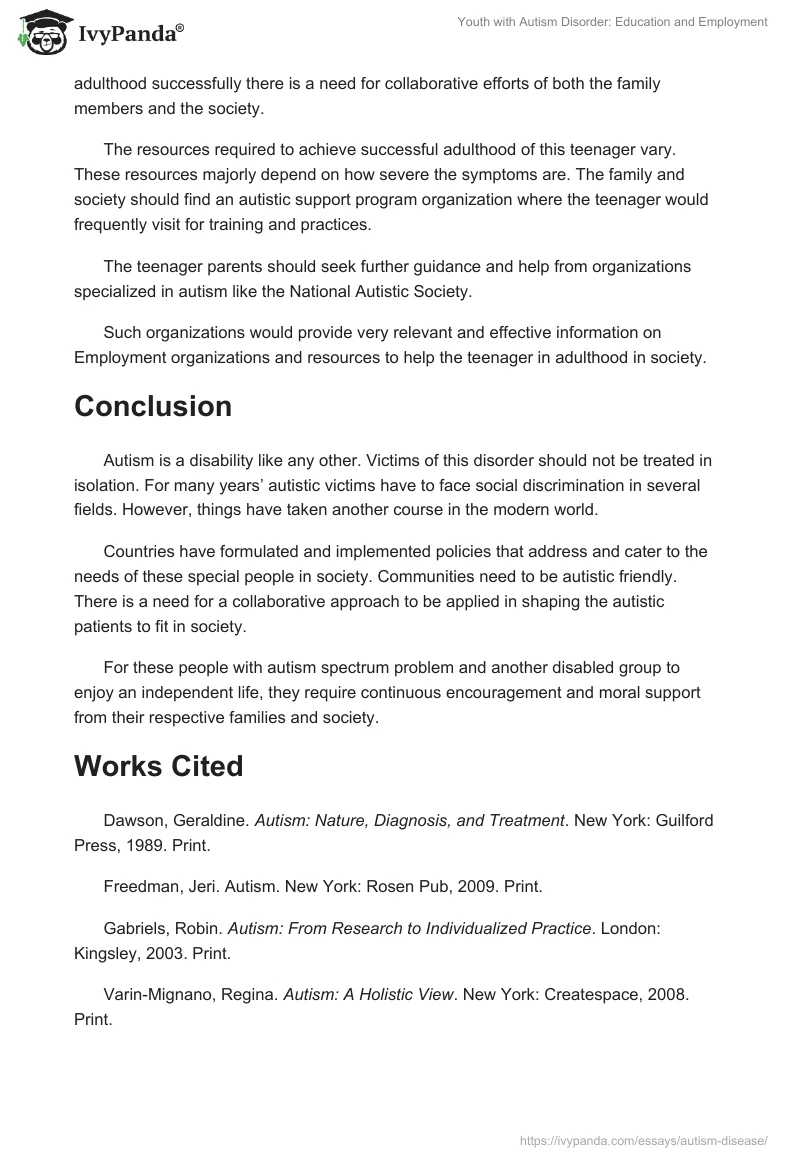 Youth With Autism Disorder: Education and Employment. Page 4