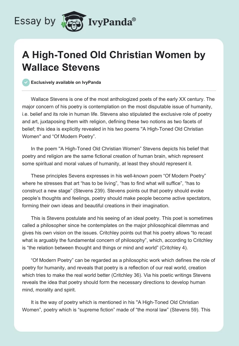 A High-Toned Old Christian Women by Wallace Stevens. Page 1
