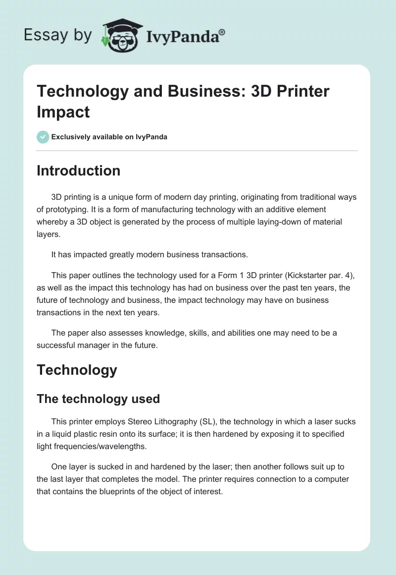 Technology and Business: 3D Printer Impact. Page 1