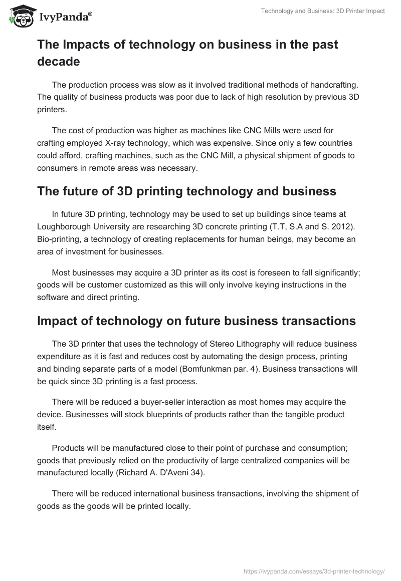 Technology and Business: 3D Printer Impact. Page 2