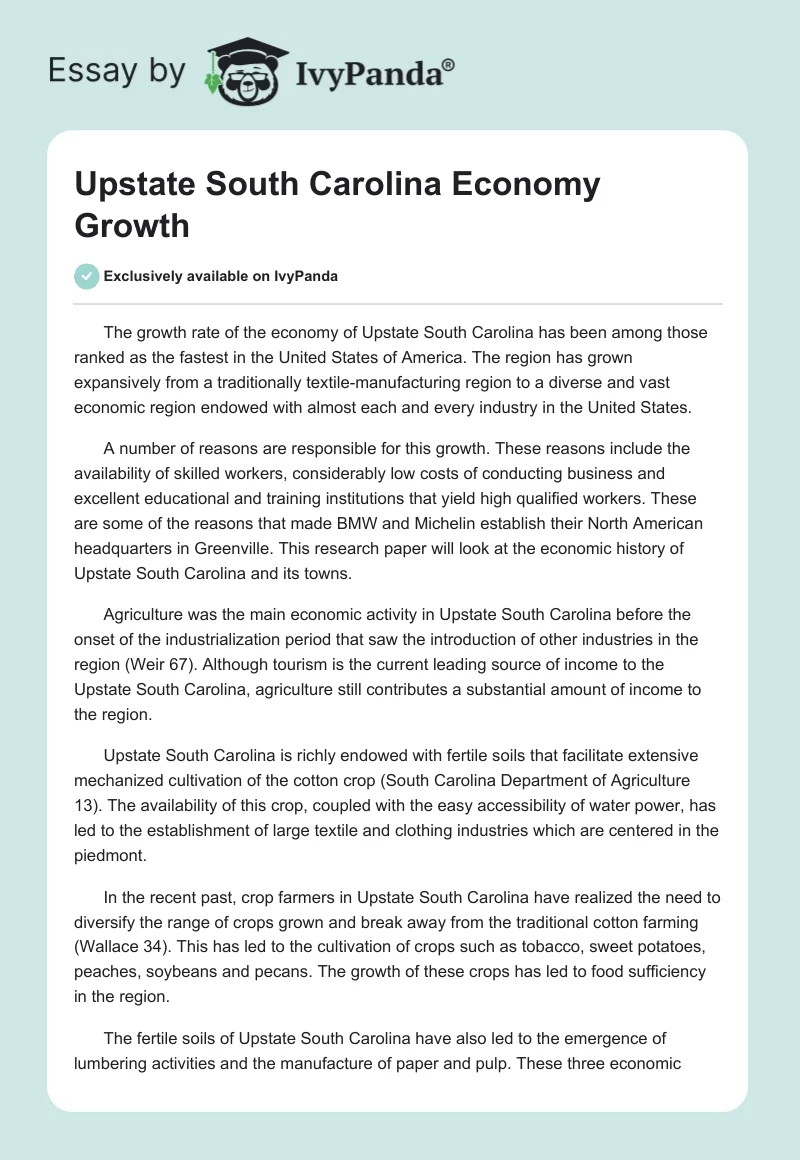 Upstate South Carolina Economy Growth. Page 1