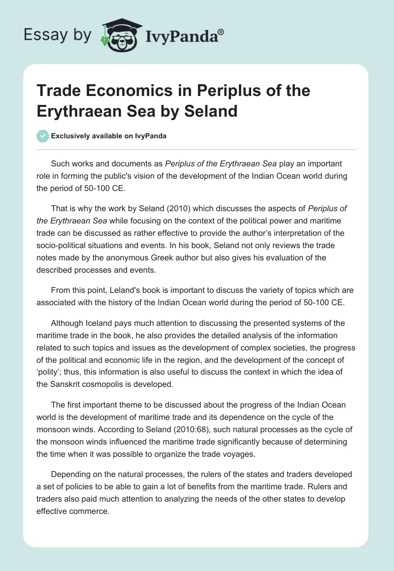 Trade Economics in "Periplus of the Erythraean Sea" by Seland. Page 1