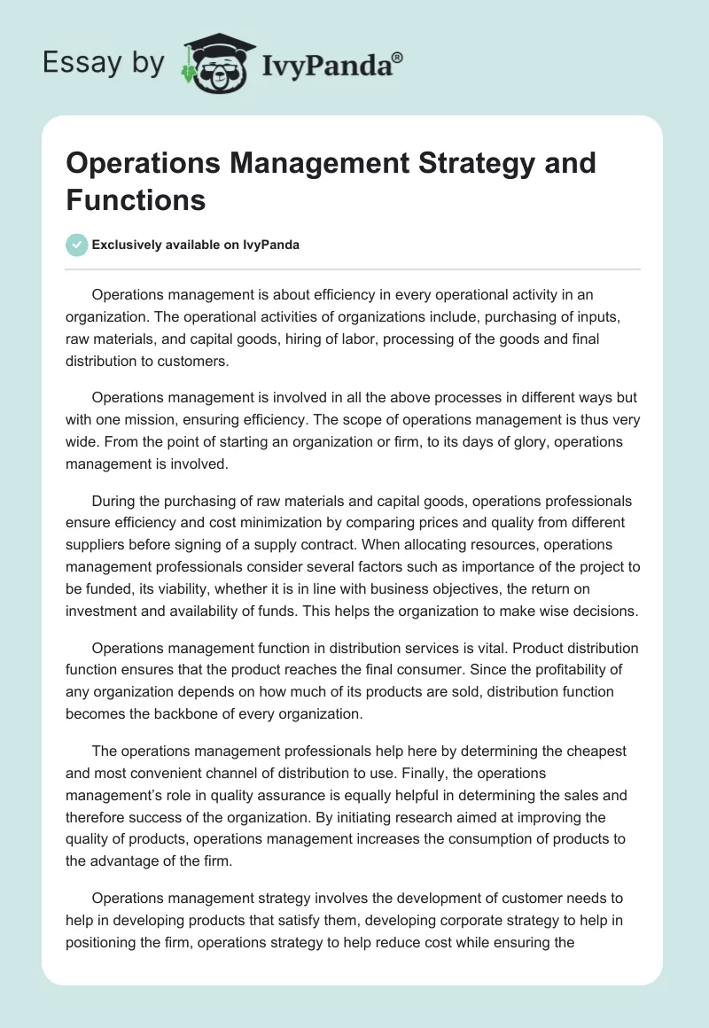 Operations Management Strategy and Functions. Page 1