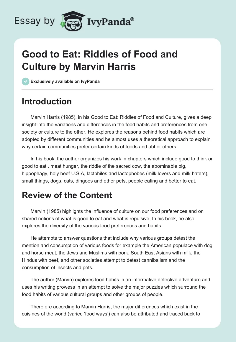 Good to Eat: Riddles of Food and Culture by Marvin Harris. Page 1