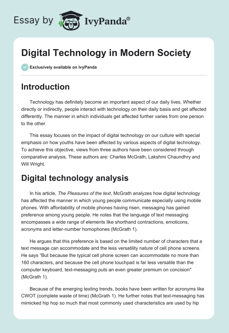Digital Technology in Modern Society. Page 1