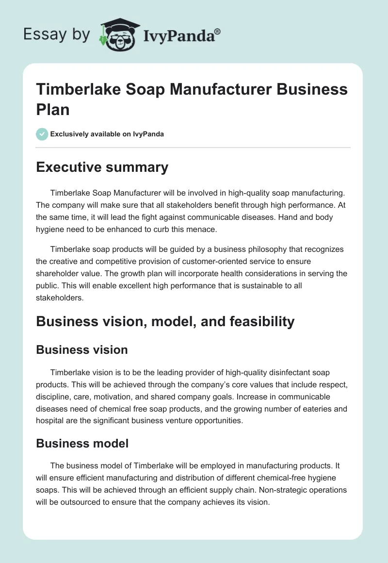 Timberlake Soap Manufacturer Business Plan. Page 1