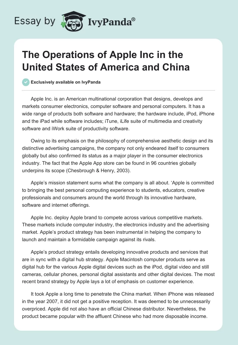The Operations of Apple Inc in the United States of America and China. Page 1