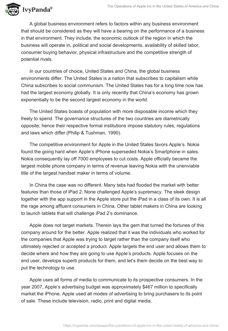 The Operations of Apple Inc in the United States of America and China. Page 3