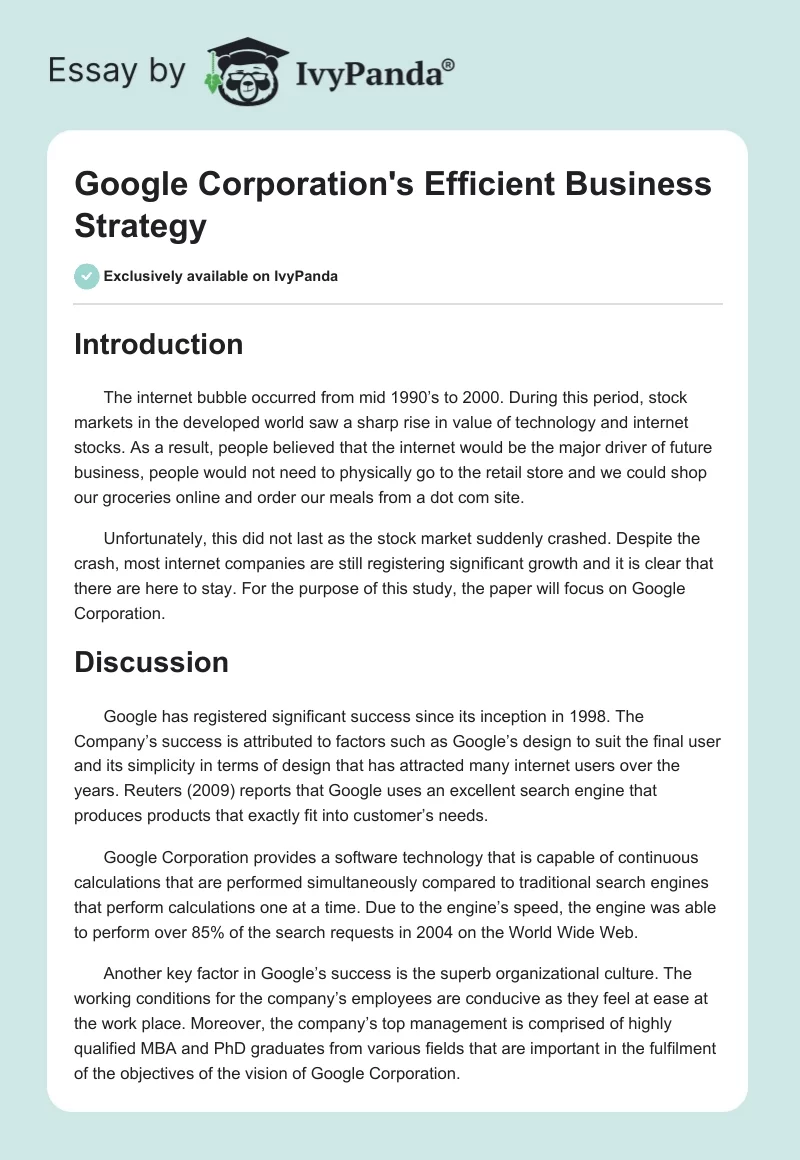 Google Corporation's Efficient Business Strategy. Page 1