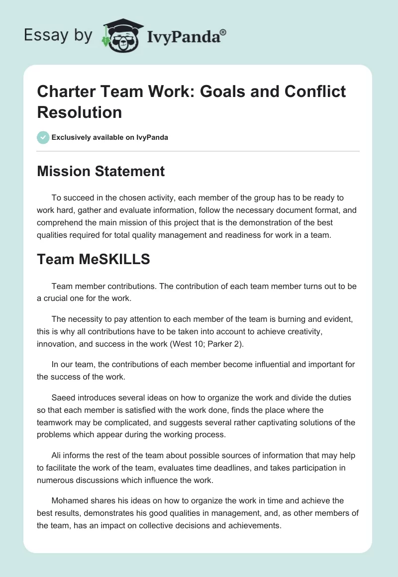 Charter Team Work: Goals and Conflict Resolution. Page 1