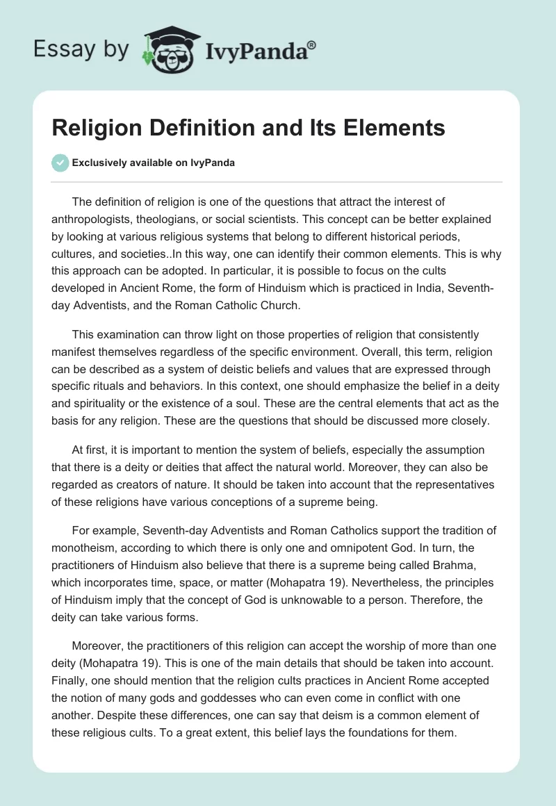 Religion Definition and Its Elements. Page 1