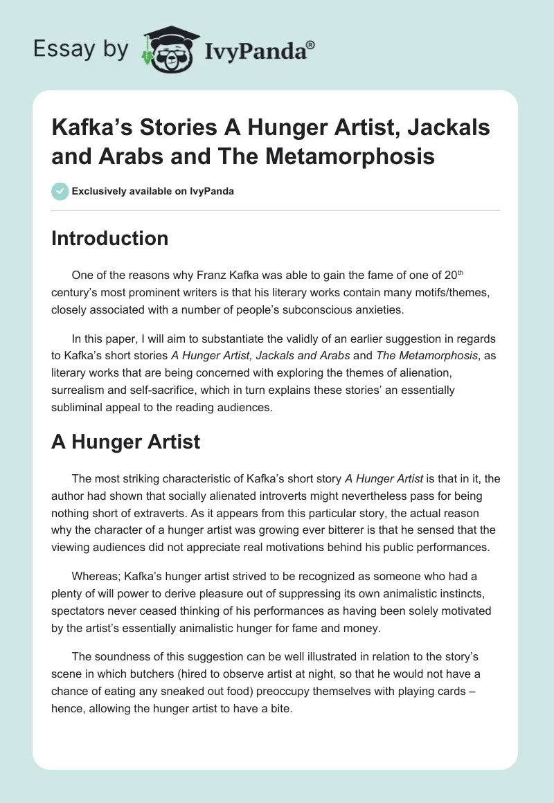 Kafka’s Stories "A Hunger Artist", "Jackals and Arabs" and "The Metamorphosis". Page 1