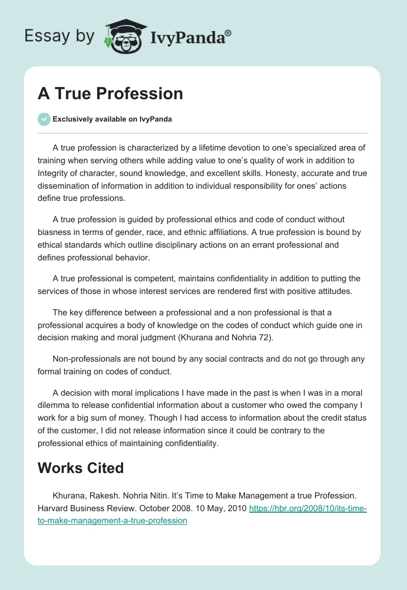 A True Profession. Page 1