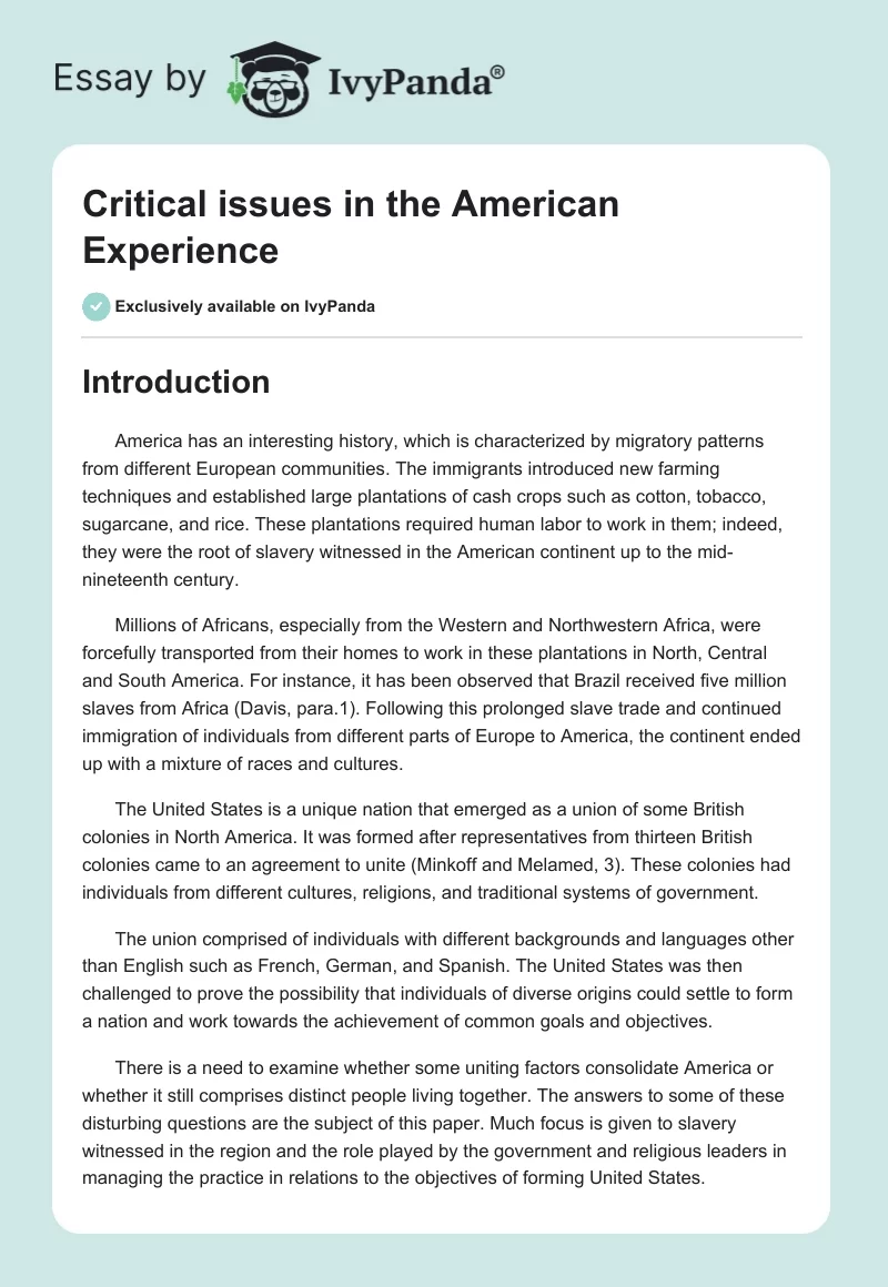 Critical issues in the American Experience. Page 1