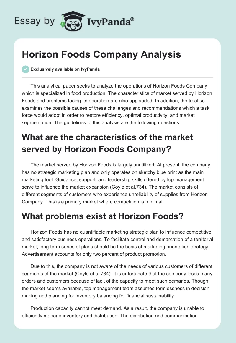 Horizon Foods Company Analysis. Page 1
