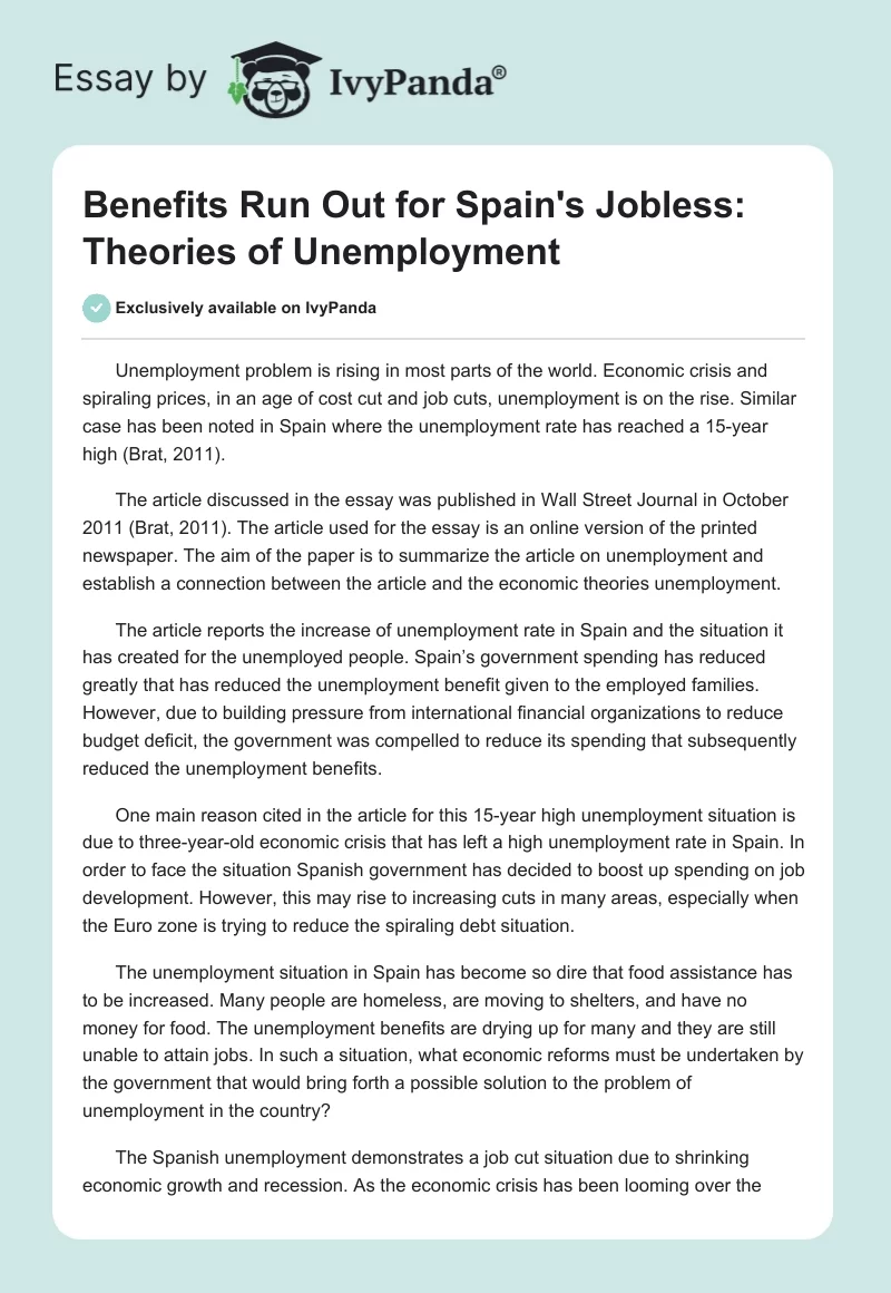 Benefits Run Out for Spain's Jobless: Theories of Unemployment. Page 1
