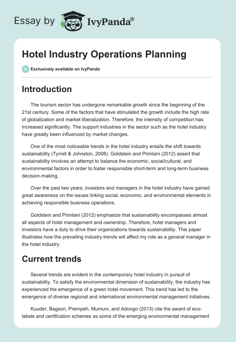 Hotel Industry Operations Planning. Page 1