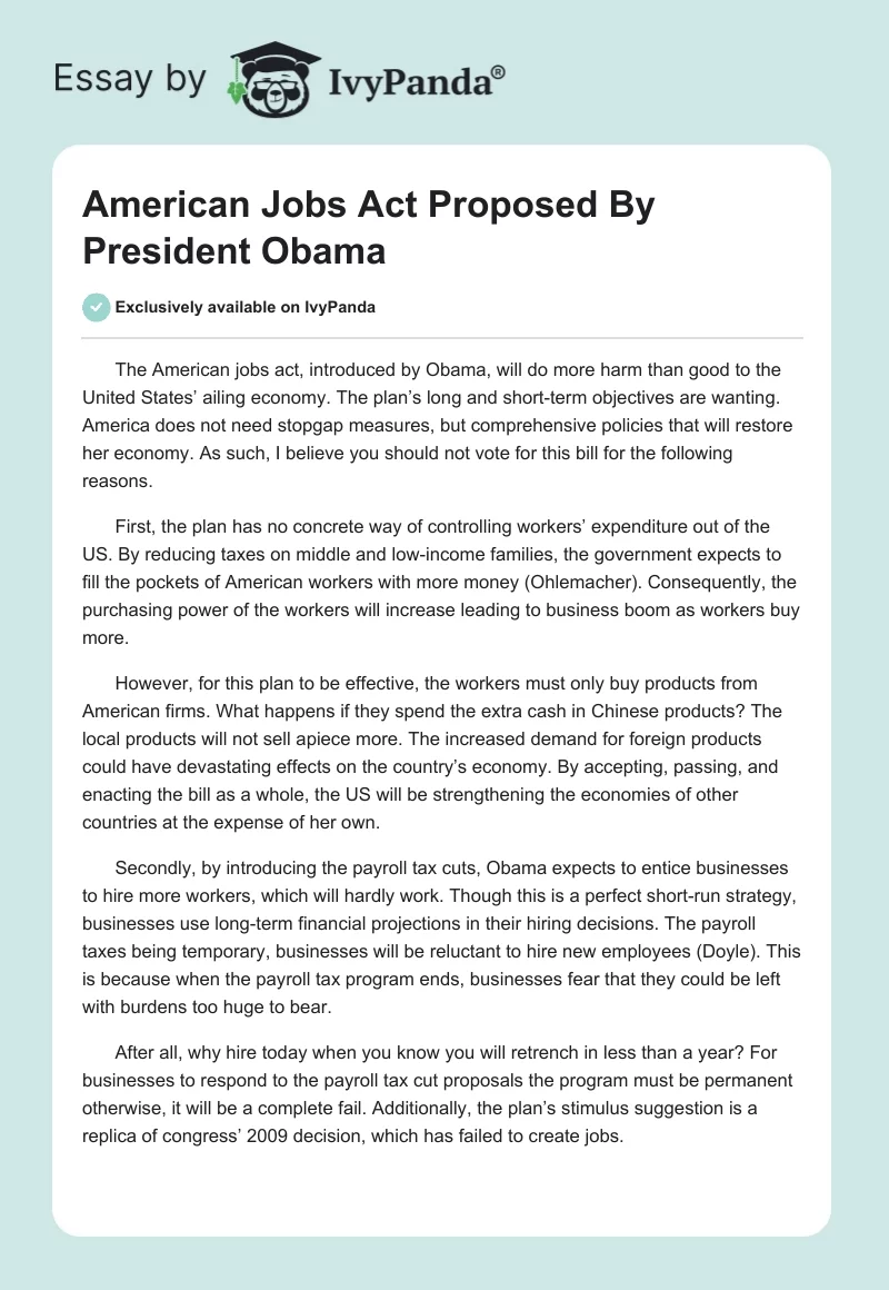 American Jobs Act Proposed By President Obama. Page 1