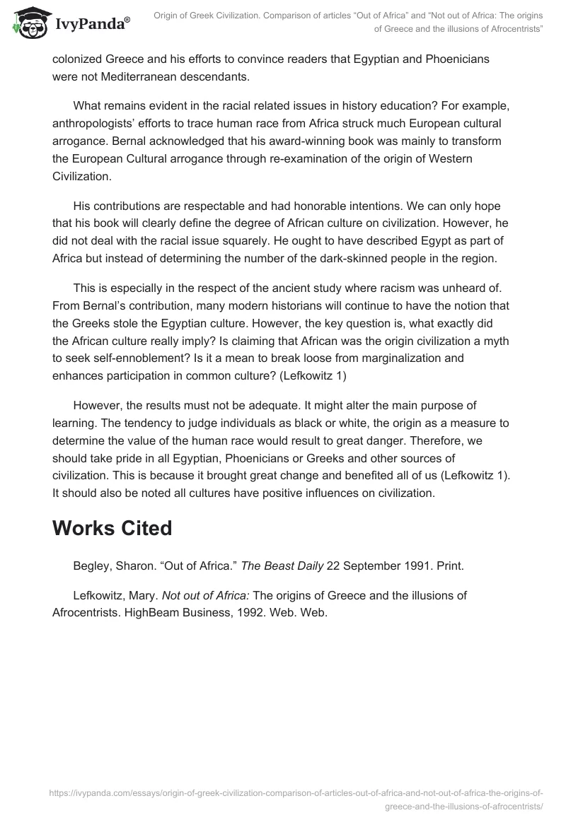 Origin of Greek Civilization. Comparison of articles “Out of Africa” and “Not out of Africa: The origins of Greece and the illusions of Afrocentrists”. Page 4