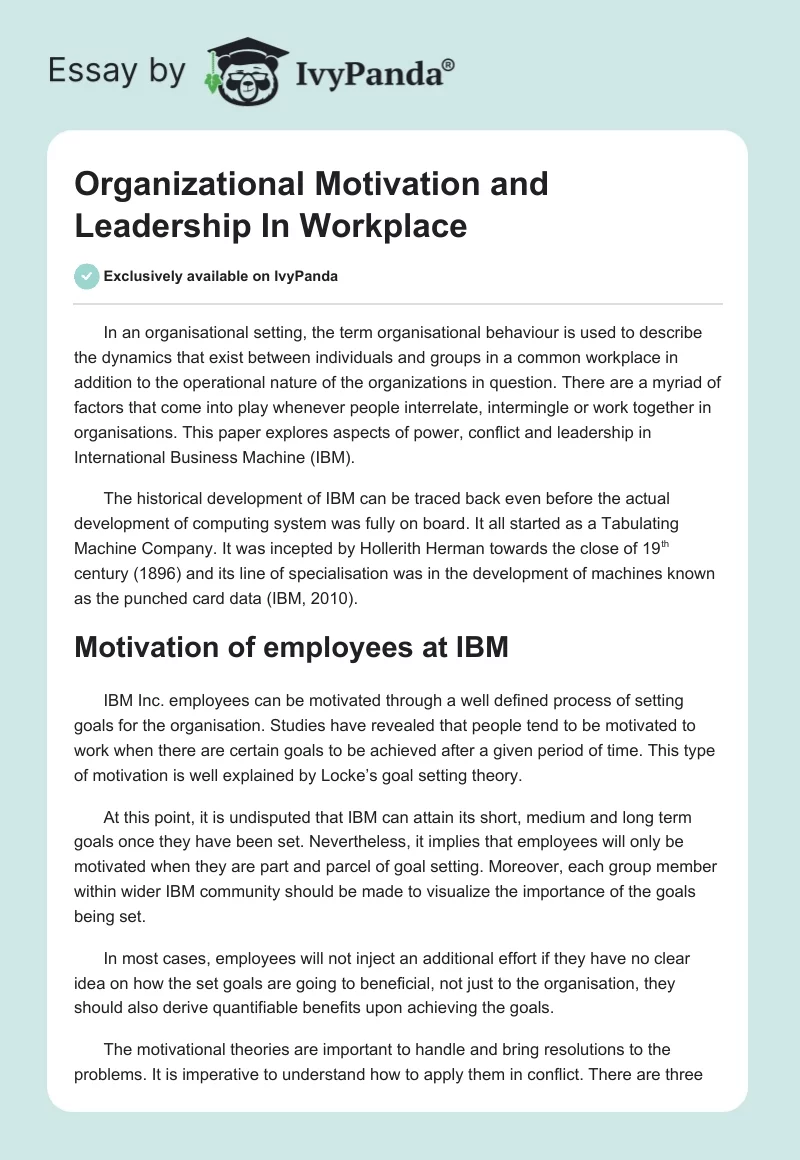 Organizational Motivation and Leadership in Workplace. Page 1